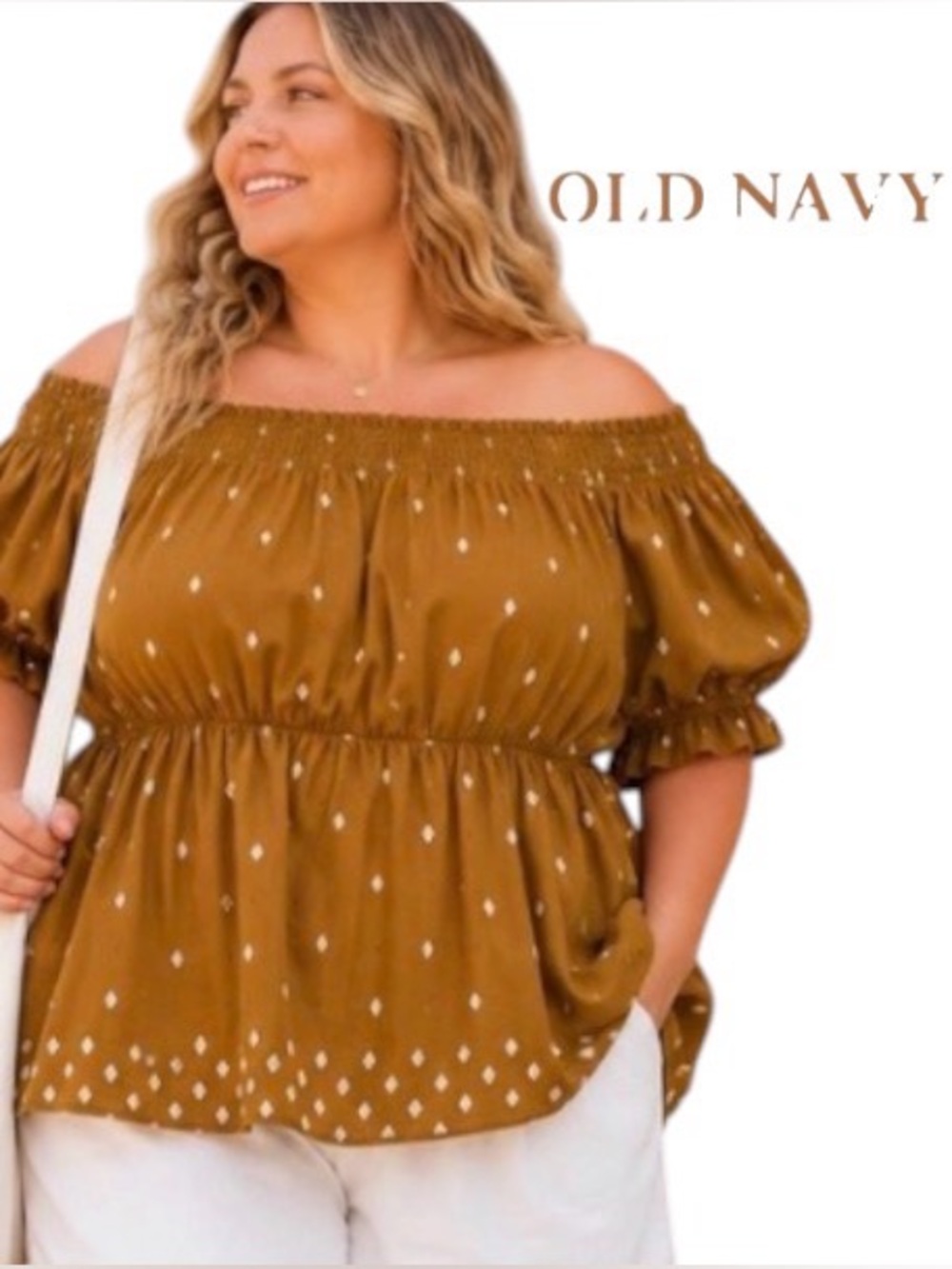 4X Old Navy Babydoll Top in Ancient Gold with Flower Motif and Puffed Sleeves